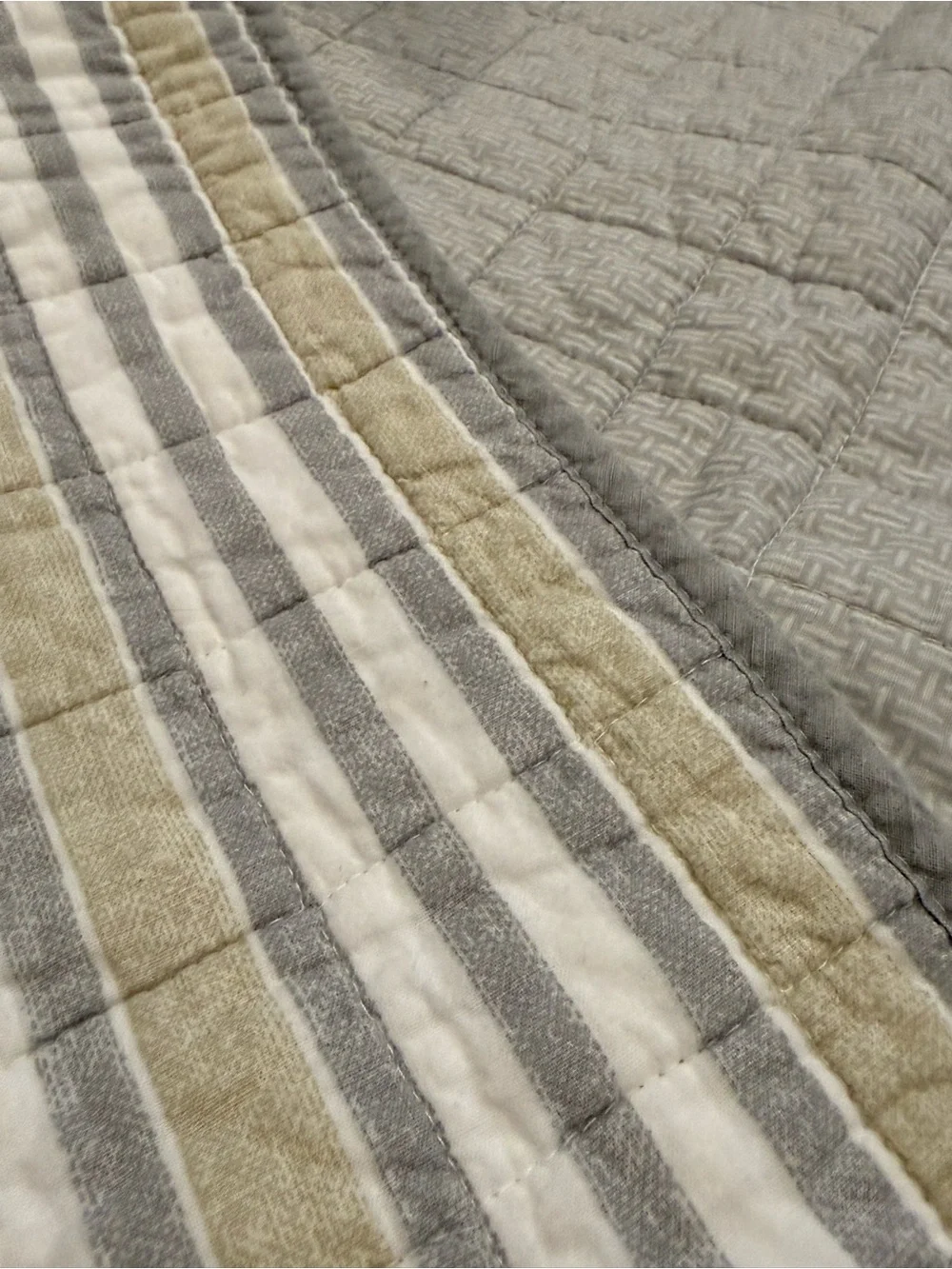 Striped Quilted Throw Blanket in White, Tan and Grey